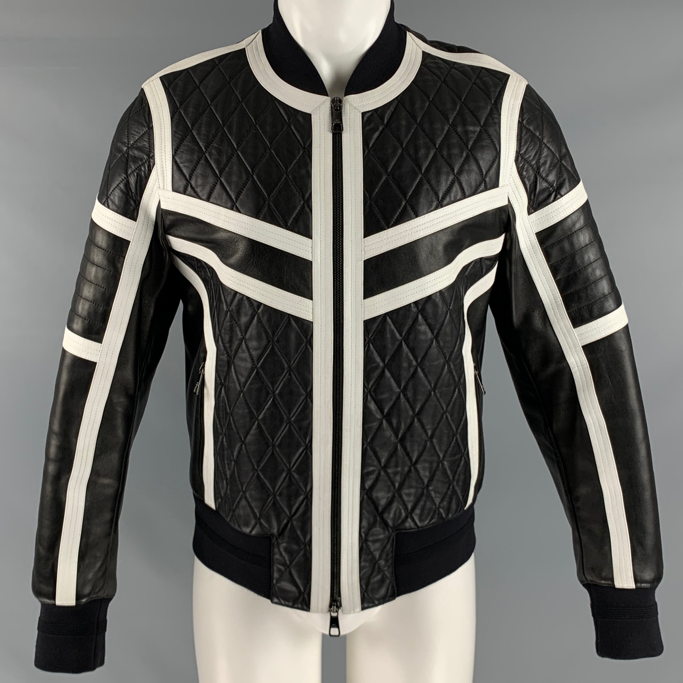 NEIL BARRETT Size M Black White Quilted Leather Zip Up Jacket