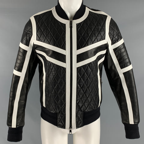 NEIL BARRETT Taille M Veste zippée en cuir matelassé blanc noir