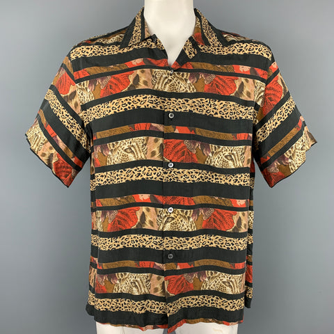 BRIONI Size M Black & Taupe Stripe Rayon Camp Short Sleeve Shirt