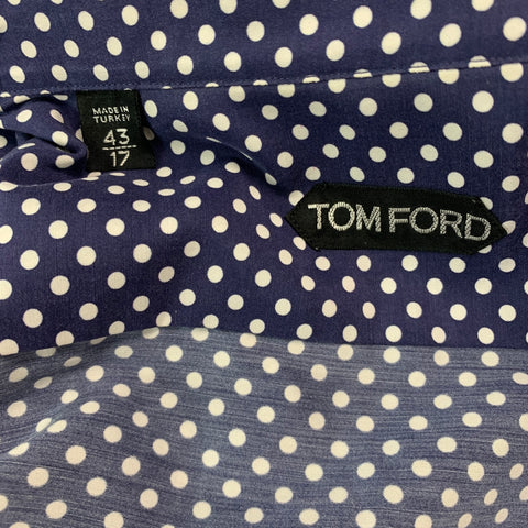 TOM FORD Size L Navy White Polka Dot Cotton Silk Button Up Long Sleeve Shirt