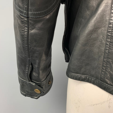 RALPH LAUREN Taille 42 Veste en cuir noir Zip &amp; Snaps Col en velours côtelé