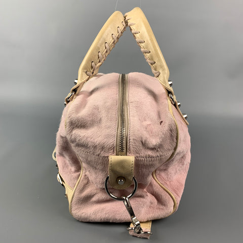 BALENCIAGA Rose & Beige Mixed Fabrics Leather Calf hair Handbag