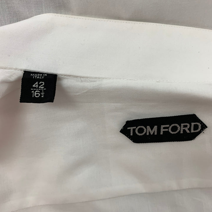 TOM FORD Camisa blanca de manga larga con cuello Nehru de algodón con volantes talla L
