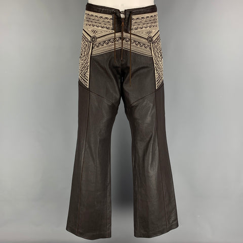 JEAN PAUL GAULTIER 2000 Size 34 Brown White Embroiderey Studed Leather Pants