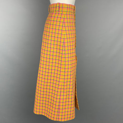 BALENCIAGA FW 2018 Size 4 Yellow & Pink Check Print Wool / Viscose High Waisted Midi Skirt