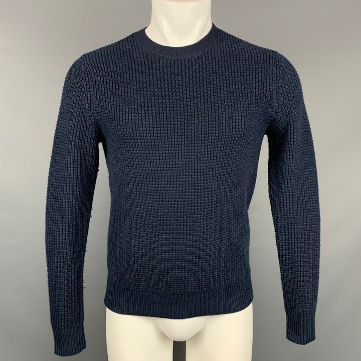 THEORY Size S Navy Waffle Knit Merino Wool Crew-Neck Pullover