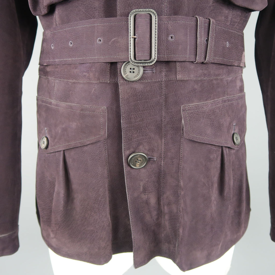 BURBERRY PRORSUM Spring 2015 42 Eggplant Purple Suede Patch Pockets Belted Jacket