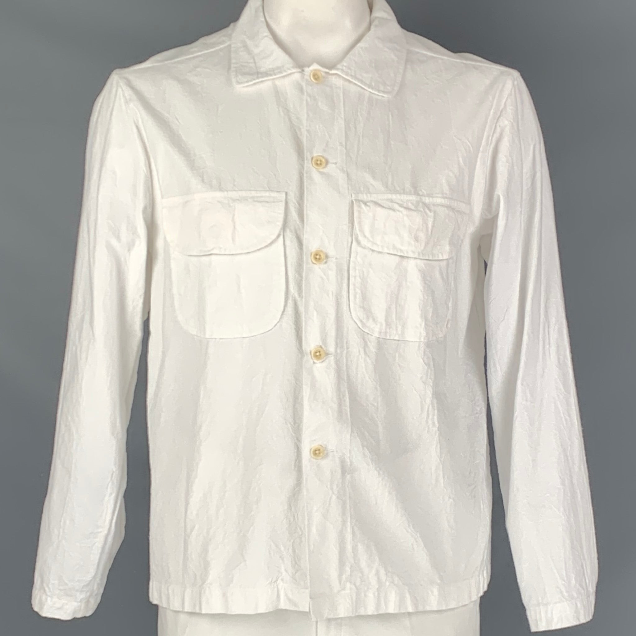 evan kinori エヴァンキノリ ヘンプ100％ 白シャツ ホワイトシャツ EVAN KINORI Size L White Wrinkled Cotton Button Down Long Sleeve