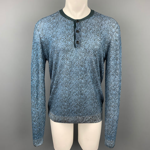 GIORGIO ARMANI Size XXL Blue & Charcoal Print Polyamide Henley Pullover