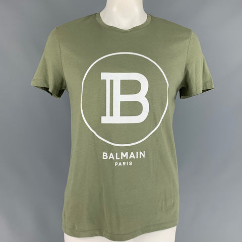 BALMAIN Size XL Olive Logo Cotton Crew-Neck T-shirt