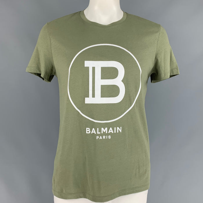 BALMAIN Taille XL T-shirt à col rond en coton avec logo olive
