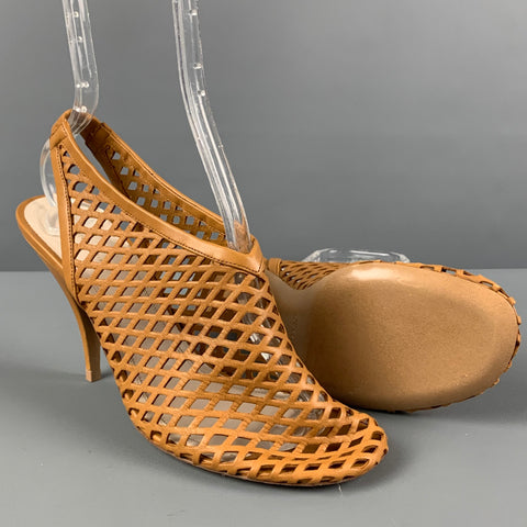 CELINE Size 8 Tan Woven Leather Slingback Pumps