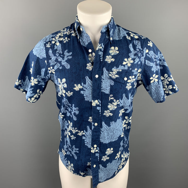 J. PRESS Size S Navy Print Cotton Button Down Short Sleeve Shirt