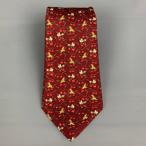 SALVATORE FERRAGAMO Burgundy Bunny Rabbit  Print Silk Tie
