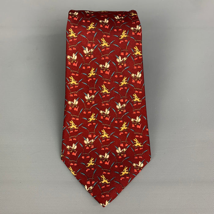SALVATORE FERRAGAMO Burgundy Bunny Rabbit  Print Silk Tie
