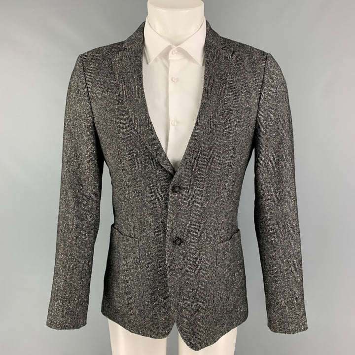 OFFICINE GENERALE Size 38 Black White Herringbone Wool Silk Sport Coat