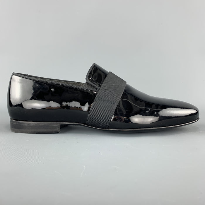 LANVIN Size 10 Black Patent Leather Tuxedo SlipperLoafers