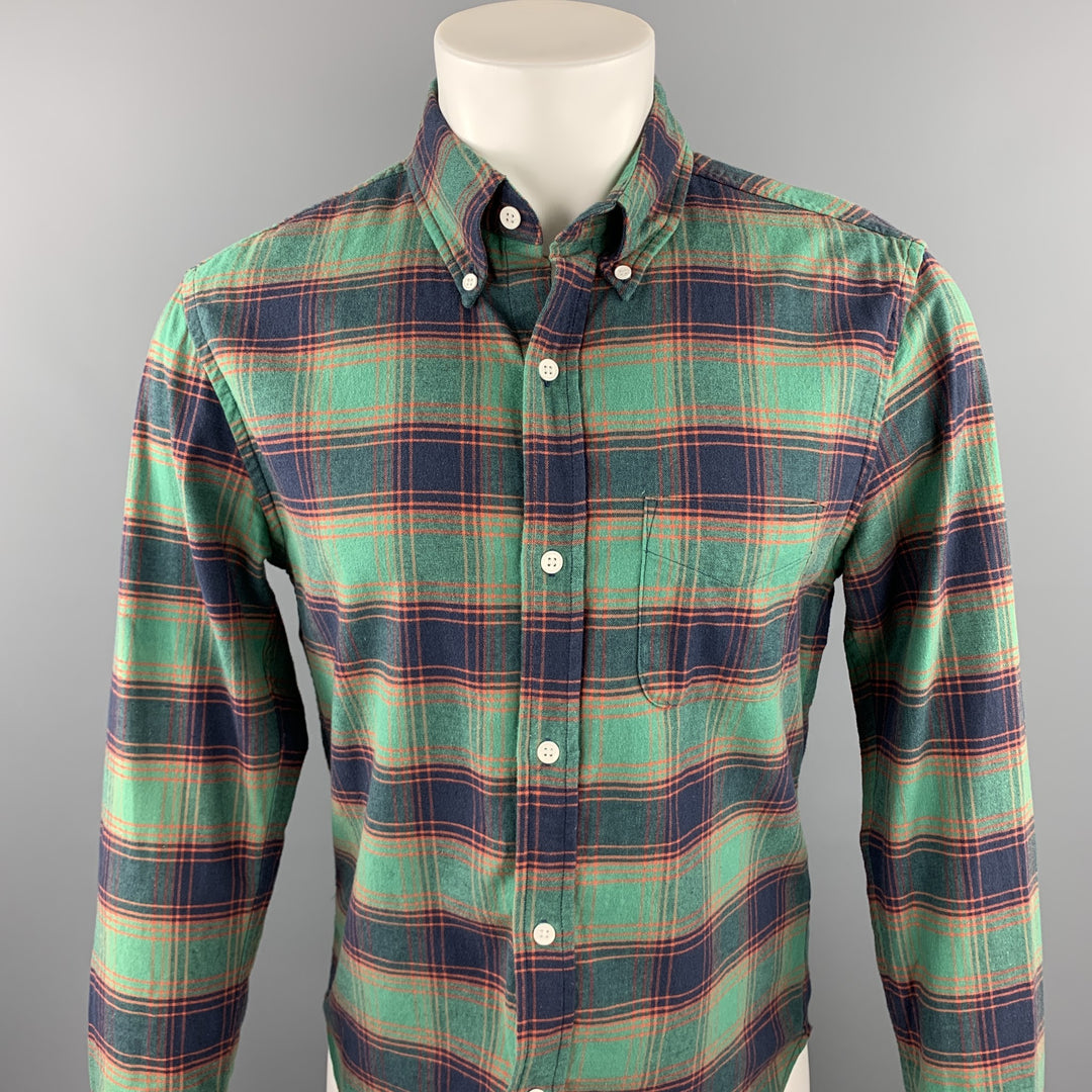 BAND OF OUTSIDERS Size S Green & Navy Plaid Cotton Button Down Long Sleeve Shirt