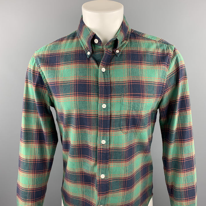 BAND OF OUTSIDERS Camisa de manga larga con botones de algodón a cuadros verde y azul marino talla S