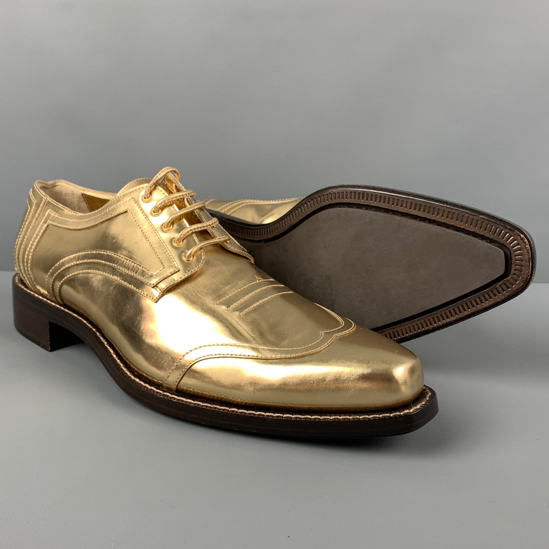 CALVIN KLEIN COLLECTION Size 12 Gold Leather Lace Up Shoes Sui Generis Designer Consignment CALVIN KLEIN COLLECTION Size 12 Gold Leather Lace Up Shoes Sui Generis Designer Consignment