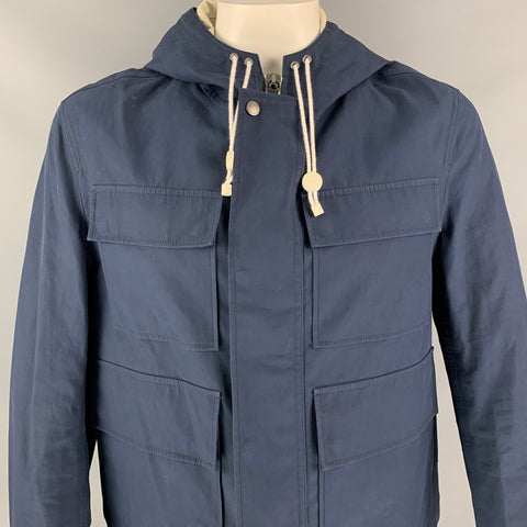 BURBERRY PRORSUM Spring 2014 Size 42 Navy Blue Coated Cotton Hooded Jacket