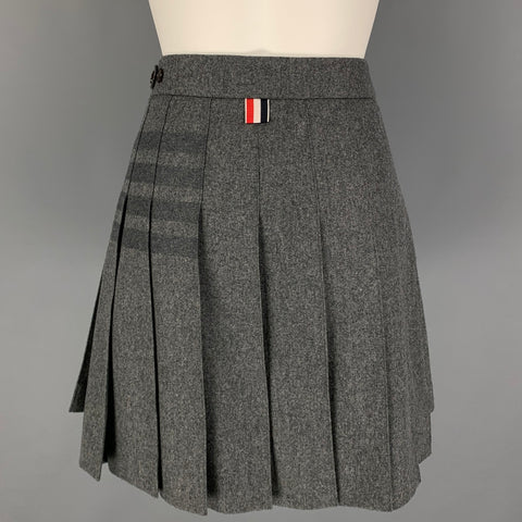 THOM BROWNE Size 4 Grey Wool Cashmere Pleated Tonal Woven 4 Bar Skirt