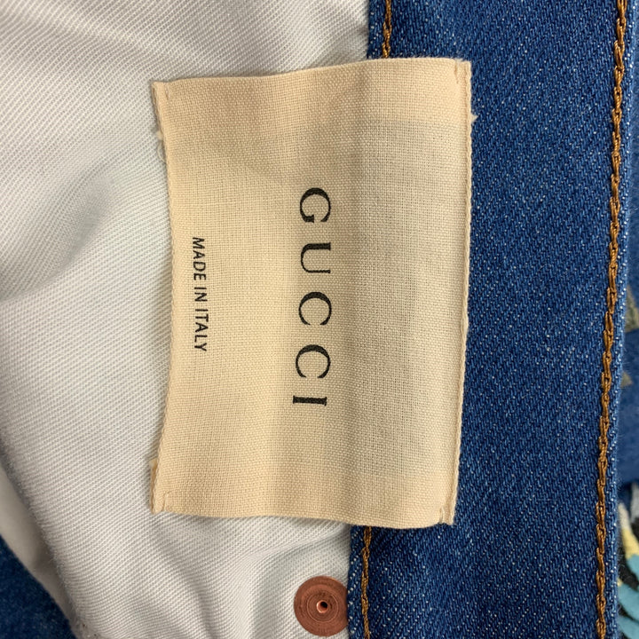 GUCCI Size 34 Blue Multi-Color Embroidery Denim Straight Jeans