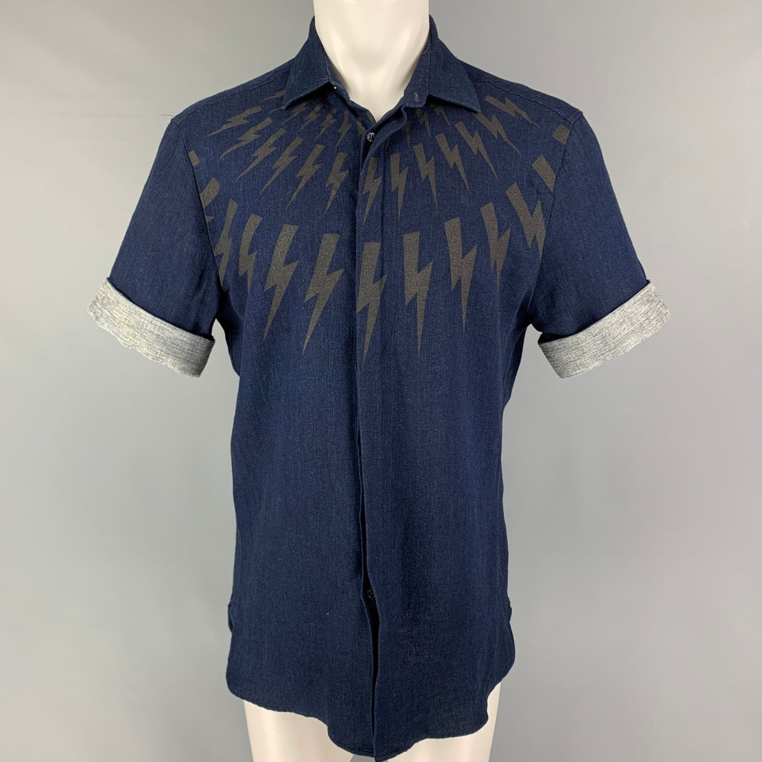 NEIL BARRETT Size M Navy Gray Lightning Print Cotton Short Sleeve Shirt