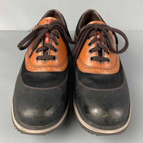 PRADA Size 7.5 Black Tan Mesh Lace Up Sneakers