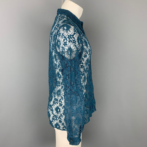 GUCCI S/S 16 Size M Teal Lace Polyamide Blend Button Up Long Sleeve Shirt