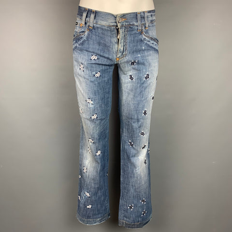 DOLCE &amp; GABBANA Talla 30 Vaqueros de algodón con bordado floral azul