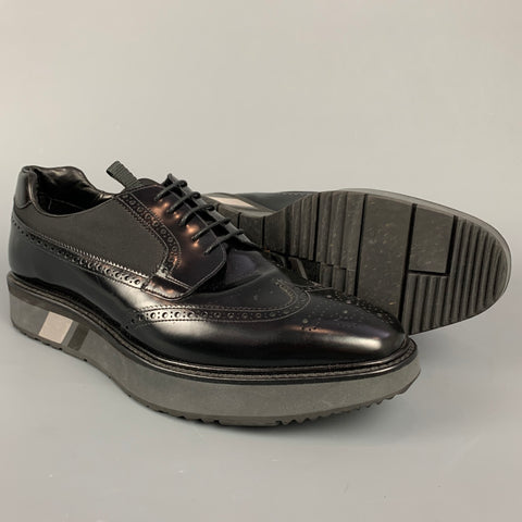 PRADA Size 11 Black Perforated Leather Platform Lace Up Shoes