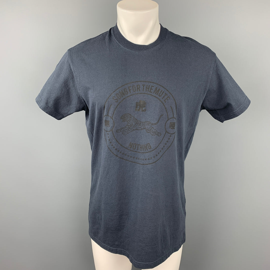 SONG FOR THE MUTE Size L Navy Graphic Cotton Crew-Neck T-shirt