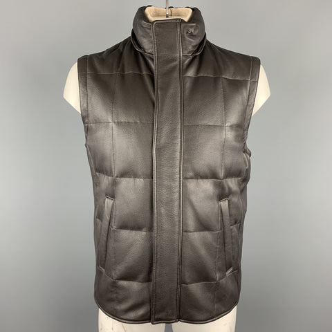 LORO PIANA Size L Brown Quilted Leather Zip Off Sleeve Fox Fur Hood Jacket