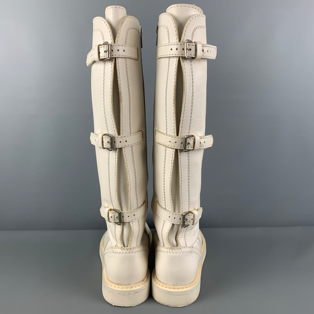 ANN DEMEULEMEESTER Size 8 White Leather Back Buckle Straps Boots