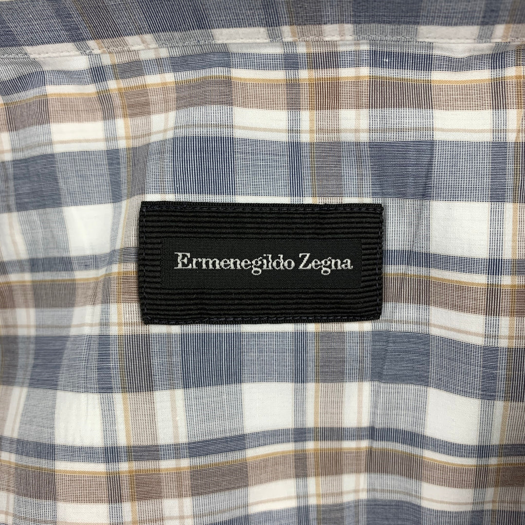 ERMENEGILDO ZEGNA Size XL Blue & White Plaid Cotton Long Sleeve Shirt