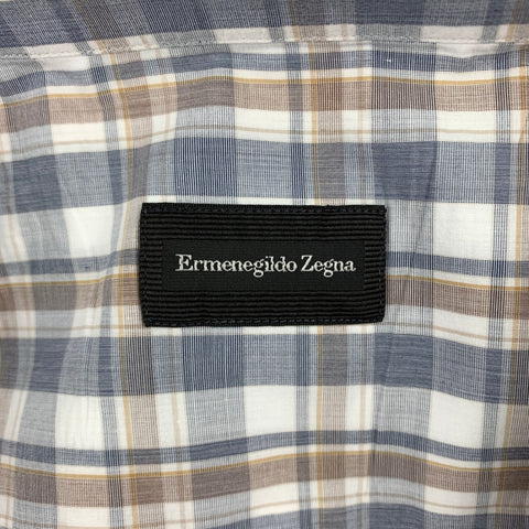 ERMENEGILDO ZEGNA Size XL Blue & White Plaid Cotton Long Sleeve Shirt