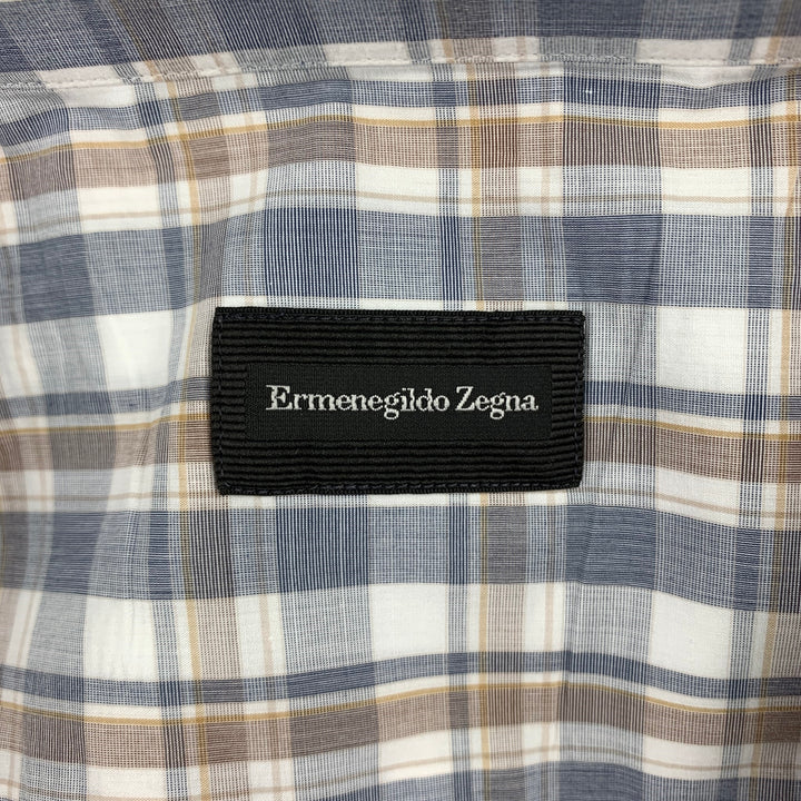 ERMENEGILDO ZEGNA Taille XL Chemise à manches longues en coton à carreaux bleu et blanc