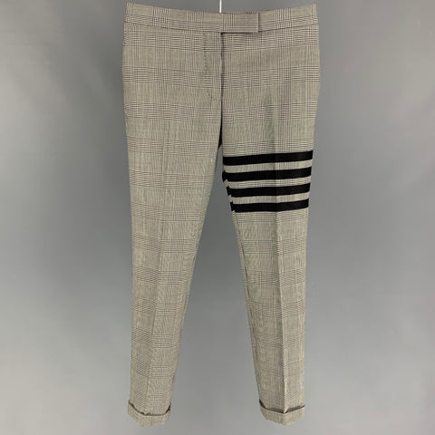 THOM BROWNE Talla 0 Pantalón de vestir con puños de lana a cuadros Glen negro y blanco