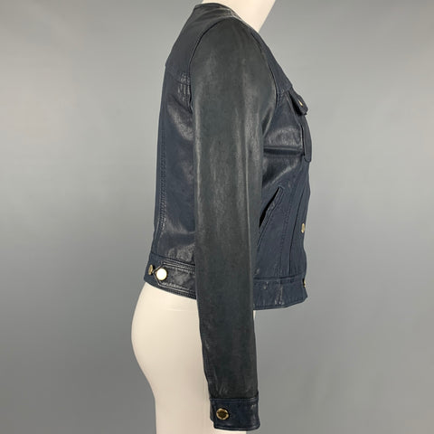 RALPH LAUREN Taille 2 Veste de camionneur en cuir bleu marine