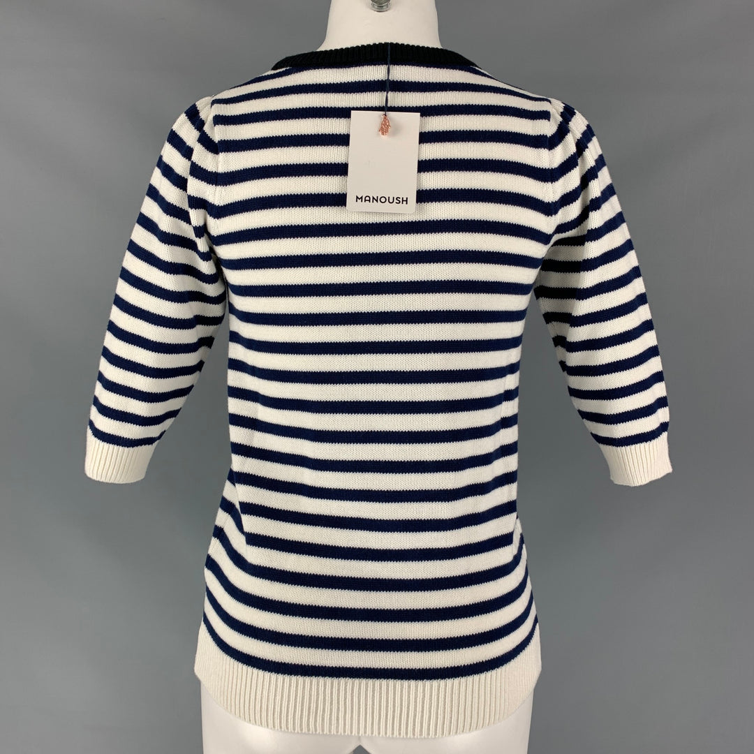 MANOUSH Size XS White &  Navy Cotton Blend Striped Bow Short Sleeve Pullover