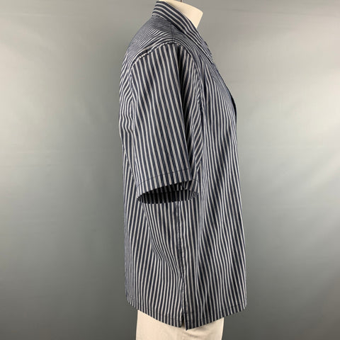 THEORY Size XXL Black White Stripe Cotton Blend One pocket Short Sleeve Shirt