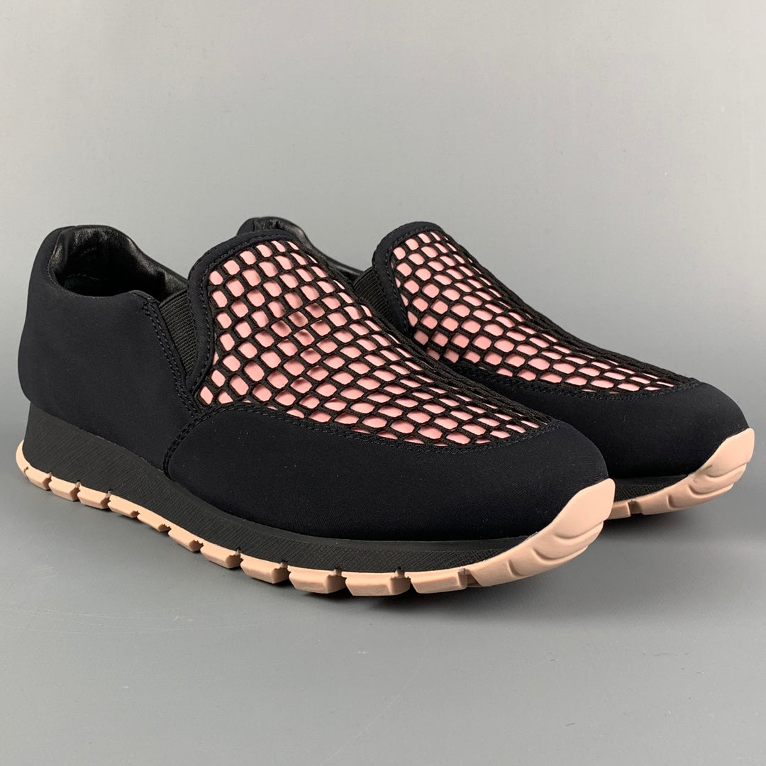 PRADA Size 7.5 Black &  Pink Nylon Mesh Slip Sneakers