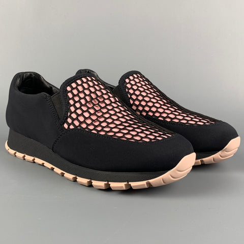 PRADA Size 7.5 Black &  Pink Nylon Mesh Slip Sneakers