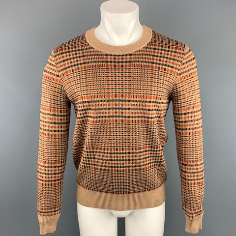 DRIES VAN NOTEN Taille S Pull à col rond en laine mélangée à carreaux beige et orange