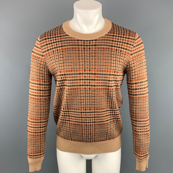 DRIES VAN NOTEN Size S Tan & Orange Plaid Wool Blend Crew-Neck Sweater