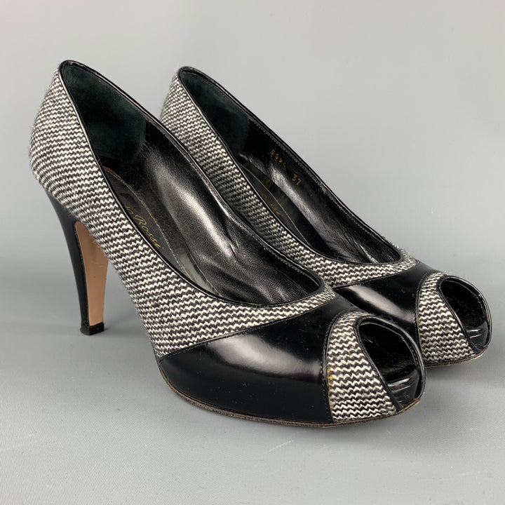 GIANVITO ROSSI Size 7 Grey Tweed Patent Leather Tweed Open Toe Pumps