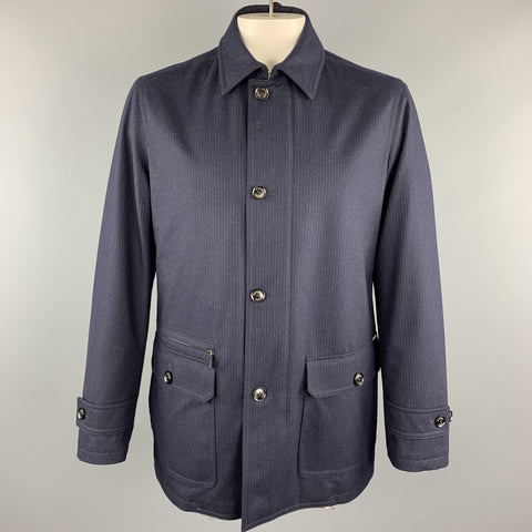 ERMENEGILDO ZEGNA Size 42 Navy Pinstripe Wool Zip & Buttons Coat