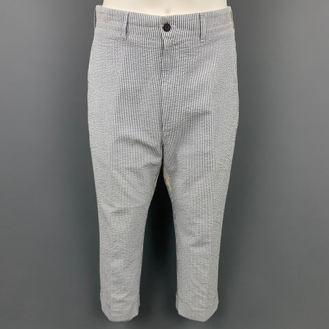 WOOSTER + LARDINI Size 38 Blue & White Seersucker Cotton Cropped Peak Lapel Suit