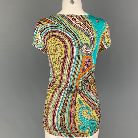 ETRO Taille 6 Turquoise Orange Viscose Paisley Haut décontracté froncé